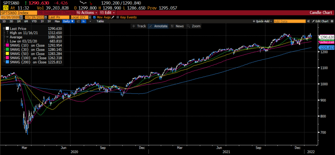 S&P TSX 60 Index (SPTSX, TSE60) 2 Year Daily Candles (white/blue) with 10, 30, 50, 100 and 200 Day Moving Averages