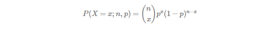 binomial distribution produces the probability of occurring x(≤n) success as follows
