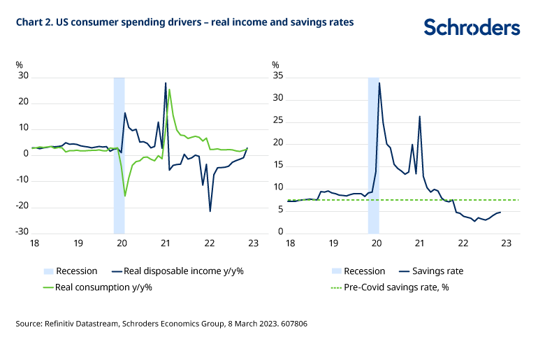 Chart 2. US consumer spending drivers - real income and savings rates