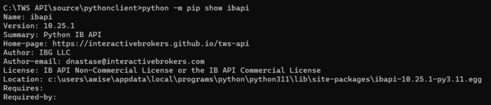 Displays the result of pip show ibapi