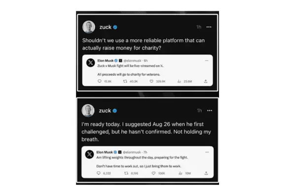 Zuck's Tweets reagarding Elon's fight