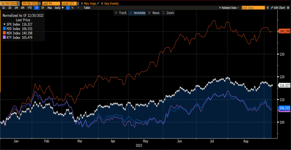 Normalized Year-to-Date, SPX (white), MID (blue), NDX (red), RTY (purple)