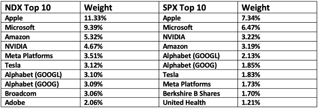 NDX top 10 and SPX top 10 performance difference 