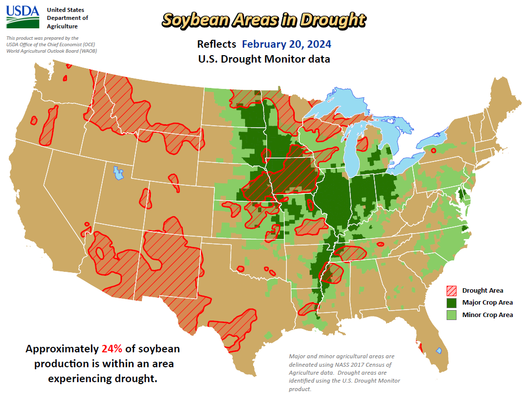 soybean areas in drought - February 20, 2024